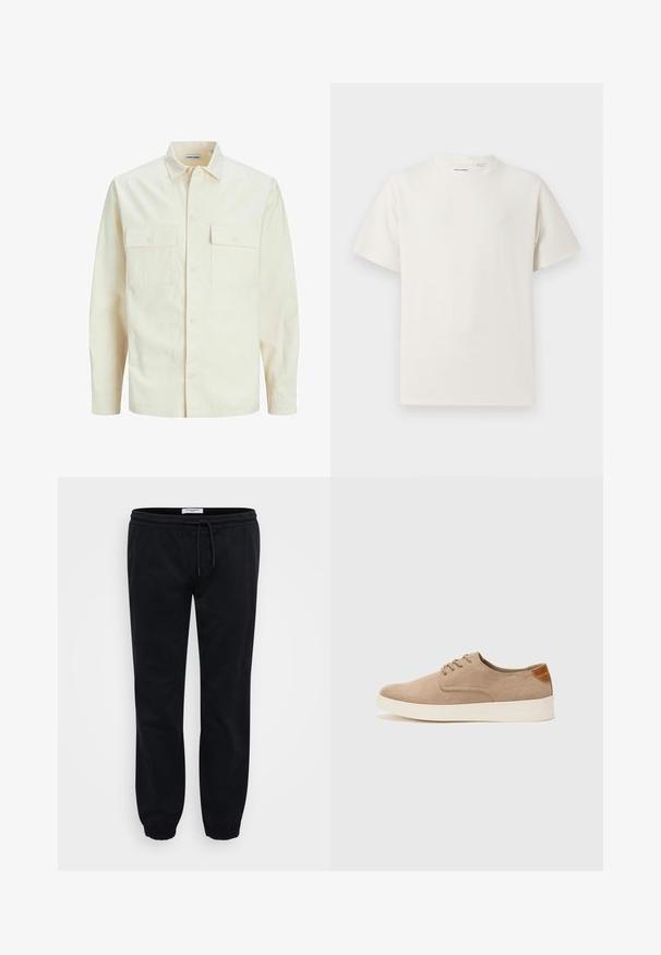 Svijetlo bež košulja dugih rukava s ovratnikom, dva prednja džepa, zatvaranje na dugmad i teksturirani materijal.; Bijela kratka majica s kratkim rukavima u rebrastoj teksturi. Okrugli izrez, ležeran kroj, bez vidljivih uzoraka ili akcenta. Jednostavan i svestran dizajn.; Crne trenirke od mekanog pamuka s elastičnom trakicom u struku i vezicom. Ima elastične manžete i bočne džepove za praktičnost.; Bež nubuk tenisice s okruglim vrhom, vezanjem sprijeda i teksturiranim stražnjim naglaskom. Bijela gumena potpetica pruža kontrast. Jednostavan i moderan dizajn.