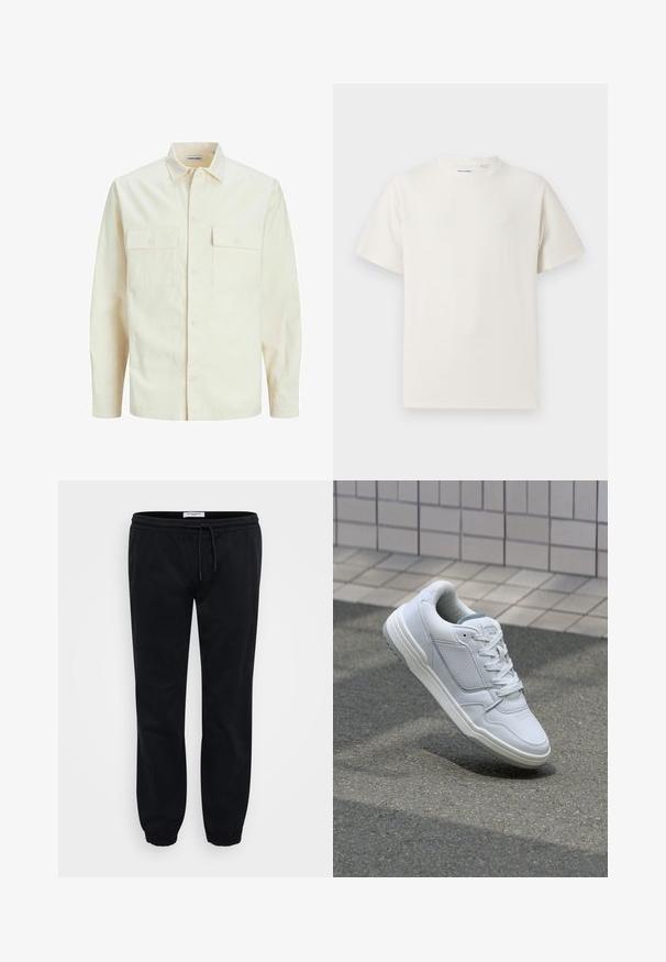 Hellbeige Langarmhemd mit klassischem Kragen, zwei Fronttaschen, Knopfverschluss und strukturiertem Stoff.; Weißes T-Shirt mit kurzen Ärmeln in gerippter Textur. Runder Ausschnitt, lockere Passform, keine sichtbaren Muster oder Akzente. Einfaches und vielseitiges Design.; Schwarze Sweatpants aus weichem Baumwollstoff mit elastischem Bund und Kordelzug. Mit elastischen Bündchen und seitlichen Taschen für zusätzlichen Komfort.; Weiße Ledersneaker mit perforierten Seiten, strukturierten Akzenten, flachen Schnürsenkeln und einer kontrastierenden grauen Ferse. Verfügt über eine leicht erhöhte Sohle.