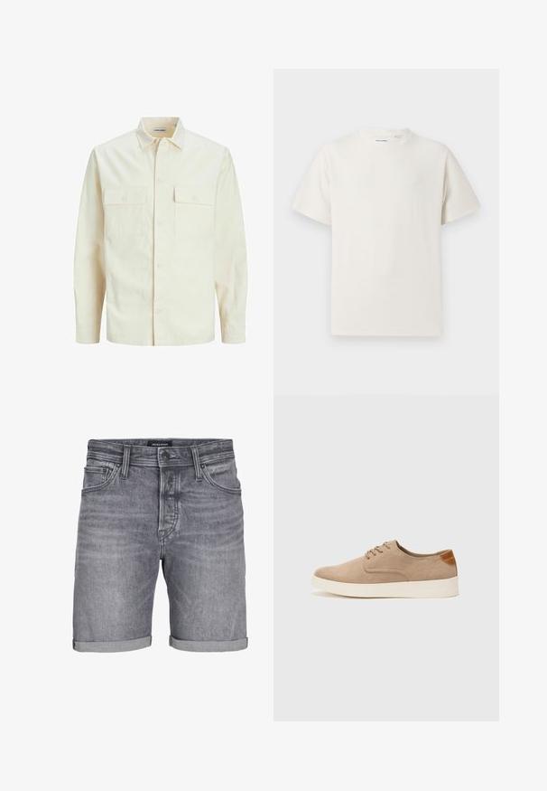 Lys beige langærmet skjorte med krave, to forlommer, knaplukning og et tekstureret stof.; Hvid kortærmet T-shirt i ribbet tekstur. Rund halsudskæring, løs pasform, ingen synlige mønstre eller accenter. Enkel og alsidig design.; Grå denimshorts med et lidt slidt udseende, der har en omviklet kant, fem lomme-design og et knaplukning. Mærke: JACK & JONES.; Beige ruskinds sneakers med rund tå, snørebånd foran og en struktureret rygdetalje. Hvid gummisål giver kontrast. Enkel og moderne design.