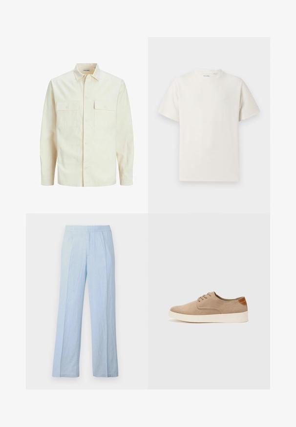 Világos bézs színű, hosszú ujjú ing, galléros nyakkal, két elülső zsebbel, gombos záródással és struktúrált anyaggal.; Fehér, rövid ujjú póló bordázott textúrával. Kerek nyakkivágás, laza szabás, nincs látható minta vagy díszítés. Egyszerű és sokoldalú dizájn.; Világoskék, bő szárú nadrág puha anyagból, bordázott textúrával, elasztikus derékkal, elülső pliszékkel és laza szabással.; Beige velúr sportcipő, kerek orral, fűzős elülső résszel és textúrált hátsó részlettel. Fehér gumitalp kontrasztot ad. Egyszerű és modern design.