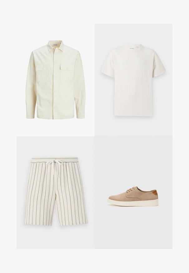 Lichtbeige langemouwen shirt met een kraaghalslijn, twee voorzakken, knoopsluiting en een gestructureerde stof.; Witte korte mouwen T-shirt met ribbelstructuur. Ronde hals, ontspannen pasvorm, geen zichtbare patronen of accenten. Eenvoudig en veelzijdig ontwerp.; Lichte beige shorts met verticale olijfgroene strepen, gemaakt van textuurstof. Voorzien van een elastische tailleband met een trekkoord.; Beige suède sneakers met een ronde neus, vetersluiting aan de voorkant en een getextureerde achteraccent. De witte rubberen zool zorgt voor contrast. Eenvoudig en modern ontwerp.