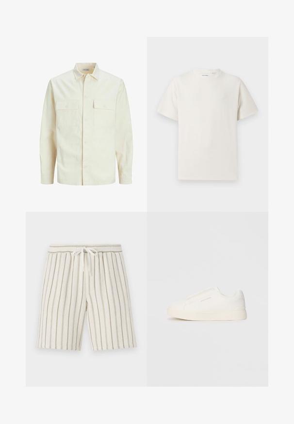 Vaaleanbeige pitkähihaisen paidan, jossa on kaulukset, kaksi etutaskua, nappikiinnitys ja tekstiilissä on tekstuuria.; Valkoinen lyhythihainen T-paita ribbikuviossa. Pyöreä kaula-aukko, rento istuvuus, ei näkyviä kuvioita tai yksityiskohtia. Yksinkertainen ja monikäyttöinen muotoilu.; Housut vaaleaa beigeä, joissa on pystysuorat oliivinvihreät raidat ja jotka on valmistettu teksturoidusta kankaasta. Varustettu joustavalla vyötäröllä, jossa on kiristysnauha.; Valkoiset liukusukat, joissa on teksturoitu pinta, paksu pohja ja minimalistikot. Sivulla on brändin logo.