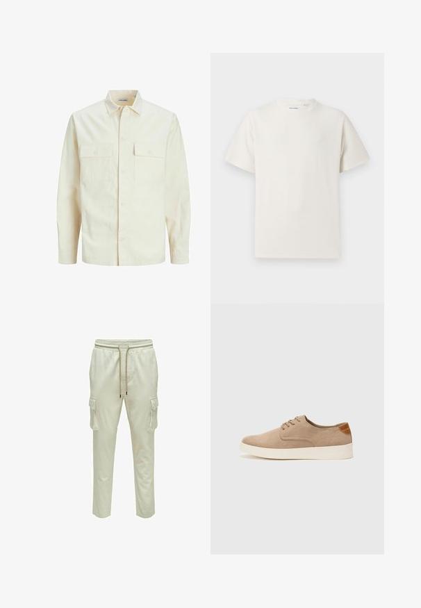 Šviesiai smėlio spalvos ilgomis rankovėmis marškiniai su apykakle, dviem priekinėmis kišenėmis, mygtukų uždarymu ir tekstūruota medžiaga.; Balta trumpa rankovė T-polo marškinėlių su juostelėmis tekstūra. Apvalus iškirpimas, laisvas fasonas, jokių matomų raštų ar akcentų. Paprastas ir universalus dizainas.; Šviesiai rudos spalvos cargo kelnės su elastingu juosmeniu ir reguliuojama raišteliu, turinčios dvi šonines kišenes ir laisvą ilgį.; Bežiniai zomšiniai sportbačiai su apvaliomis pirštų dalimis, raišteliais priekyje ir tekstūruotu užkulniu. Balta guma suteikia kontrastą. Paprastas ir modernus dizainas.