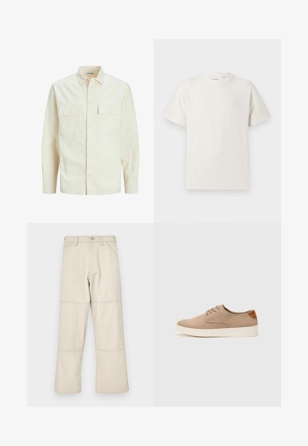 Svetlo béžová košeľa s dlhým rukávom, s golierom, dvoma prednými vreckami, zapínaním na gombíky a textúrovanou látkou.; Biela krátka tričko s krátkym rukávom so žebrovanou textúrou. Okrúhly výstrih, uvoľnený strih, žiadne viditeľné vzory ani akcenty. Jednoduchý a všestranný dizajn.; Bežové džínsy s voľným strihom vyrobené z bavlny s hladkou textúrou, s trojitým švom na švoch a piatimi vreckami vrátane vrecka na mince.; Béžové semišové tenisky s okrúhlou špičkou, šnurovaním vpredu a textúrovaným zadným akcentom. Biela gumová podrážka poskytuje kontrast. Jednoduchý a moderný dizajn.