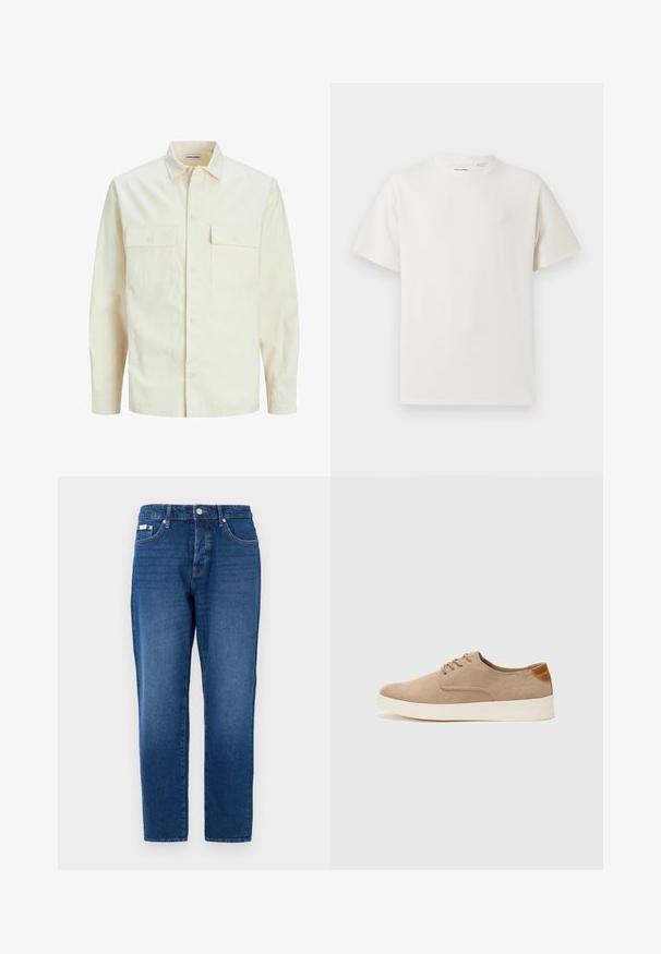 Kergedbež pika-särk pikkade varrukatega, krae ja kahe eespool asuva taskuga, nööpidega kinnitamine ja reljeefne materjal.; Valge lühikeste varrukatega T-särk ribakudumises. Ümar kaelus, mugav lõige, nähtavad mustrid ega aksessuaarid puuduvad. Lihtne ja mitmekesine disain.; Sinine teksapüksid sirge lõikega, viie tasku, vöölõngade ja metallist detailidega. Sile tekstuur ja klassikaline disain.; Beežid nahast tossud ümarate varvastega, paeltega esiosa ja tekstuuriga tagakontuuriga. Valge kummist tallapakkumine loob kontrasti. Lihtne ja kaasaegne disain.