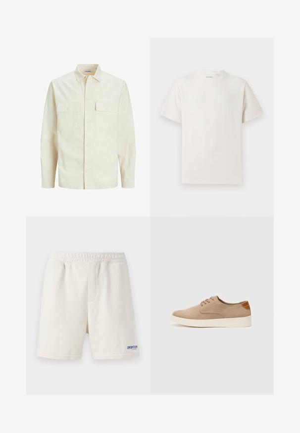 Jasno beżowa koszula z długim rękawem, z kołnierzykiem, dwoma kieszeniami z przodu, zapięciem na guziki i teksturowanym materiałem.; Biała krótka koszulka z krótkim rękawem o żebrowanej fakturze. Okrągły dekolt, luźny krój, brak widocznych wzorów lub akcentów. Prosty i uniwersalny design.; Kremowe szorty wykonane z miękkiej bawełnianej mieszanki, z elastycznym pasem i niebieskim logo w dolnym lewym rogu.; Beżowe zamszowe sneakersy z okrągłym noskiem, sznurowanym przodem i teksturowanym akcentem na tyle. Biała gumowa podeszwa tworzy kontrast. Prosty i nowoczesny design.