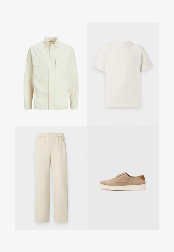 Light beige long-sleeve shirt with a collared neckline, two front pockets, button closure, and a textured fabric.; White short-sleeve T-shirt in a ribbed texture. Round neckline, relaxed fit, no visible patterns or accents. Simple and versatile design.; Beige wide-leg pants with an elastic waistband, crafted from soft fabric. Features a smooth texture and no visible patterns or hardware.; Beige suede sneakers with a rounded toe, lace-up front, and a textured back accent. White rubber sole provides contrast. Simple and modern design.