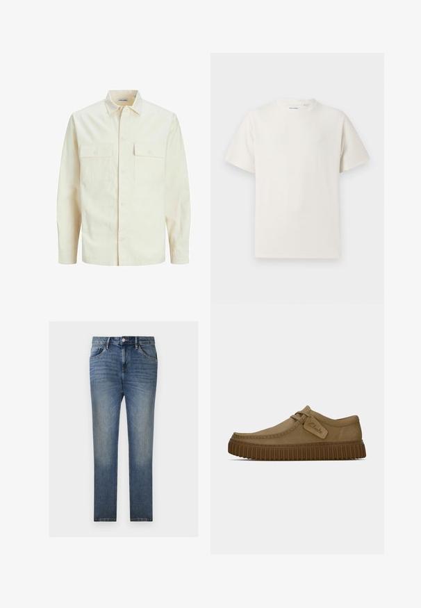 Světle béžová košile s dlouhým rukávem, límečkem, dvěma předními kapsami, zapínáním na knoflíky a strukturovanou tkaninou.; Bílý krátký rukáv tričko s pružnou strukturou. Kulatý výstřih, volný střih, bez viditelných vzorů nebo detailů. Jednoduchý a univerzální design.; TOM TAILOR JOSH - Džíny Straight Fit - clean light stone blue denim; Světle hnědé suede boty s kulatou špičkou, prošívanými detaily a ribbovanou hnědou gumovou podrážkou. Disponují bočním štítkem s logem "Clarks".