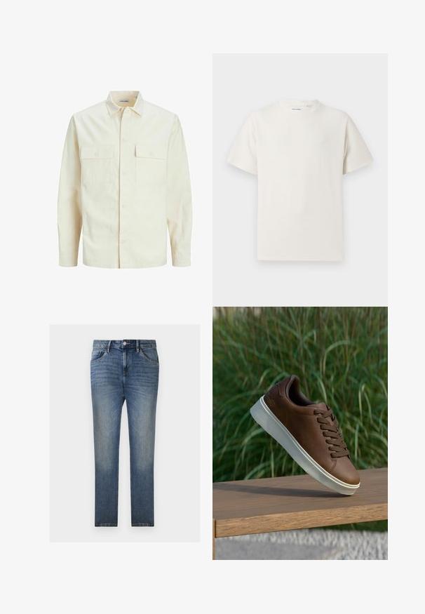 Vaaleanbeige pitkähihaisen paidan, jossa on kaulukset, kaksi etutaskua, nappikiinnitys ja tekstiilissä on tekstuuria.; Valkoinen lyhythihainen T-paita ribbikuviossa. Pyöreä kaula-aukko, rento istuvuus, ei näkyviä kuvioita tai yksityiskohtia. Yksinkertainen ja monikäyttöinen muotoilu.; TOM TAILOR JOSH - Straight leg -farkut - clean light stone blue denim; Ruskeat nahkakengät valkoisella kumipohjalla, pyöristetty kärki ja ruskeat nauhat. Pohjassa on karhea pinta ja yläosassa sileä viimeistely.