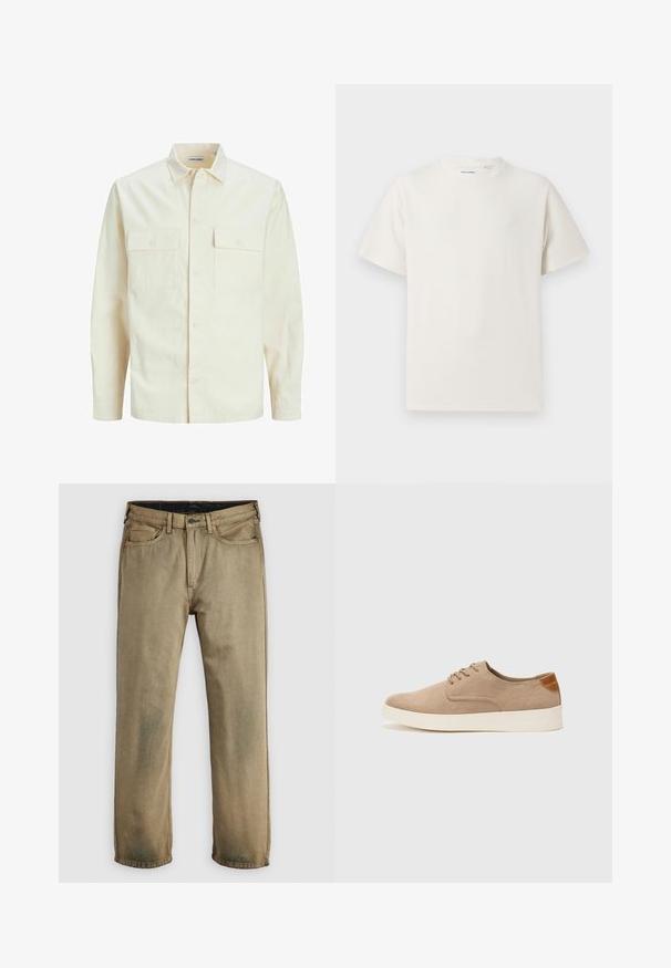 Šviesiai smėlio spalvos ilgomis rankovėmis marškiniai su apykakle, dviem priekinėmis kišenėmis, mygtukų uždarymu ir tekstūruota medžiaga.; Balta trumpa rankovė T-polo marškinėlių su juostelėmis tekstūra. Apvalus iškirpimas, laisvas fasonas, jokių matomų raštų ar akcentų. Paprastas ir universalus dizainas.; Tiesiais kojos khaki spalvos džinsai su penkiomis kišenėmis, mygtuko uždarymu ir diržo kilpomis, išskleisti ant baltos fono.; Bežiniai zomšiniai sportbačiai su apvaliomis pirštų dalimis, raišteliais priekyje ir tekstūruotu užkulniu. Balta guma suteikia kontrastą. Paprastas ir modernus dizainas.