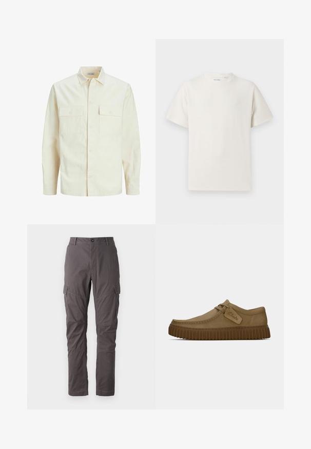 Světle béžová košile s dlouhým rukávem, límečkem, dvěma předními kapsami, zapínáním na knoflíky a strukturovanou tkaninou.; Bílý krátký rukáv tričko s pružnou strukturou. Kulatý výstřih, volný střih, bez viditelných vzorů nebo detailů. Jednoduchý a univerzální design.; Šedé cargo kalhoty se rovným střihem, vybavené několika bočními kapsami a vyztuženým švem podél nohavic. Vyrobeny z odolné látky.; Světle hnědé suede boty s kulatou špičkou, prošívanými detaily a ribbovanou hnědou gumovou podrážkou. Disponují bočním štítkem s logem "Clarks".