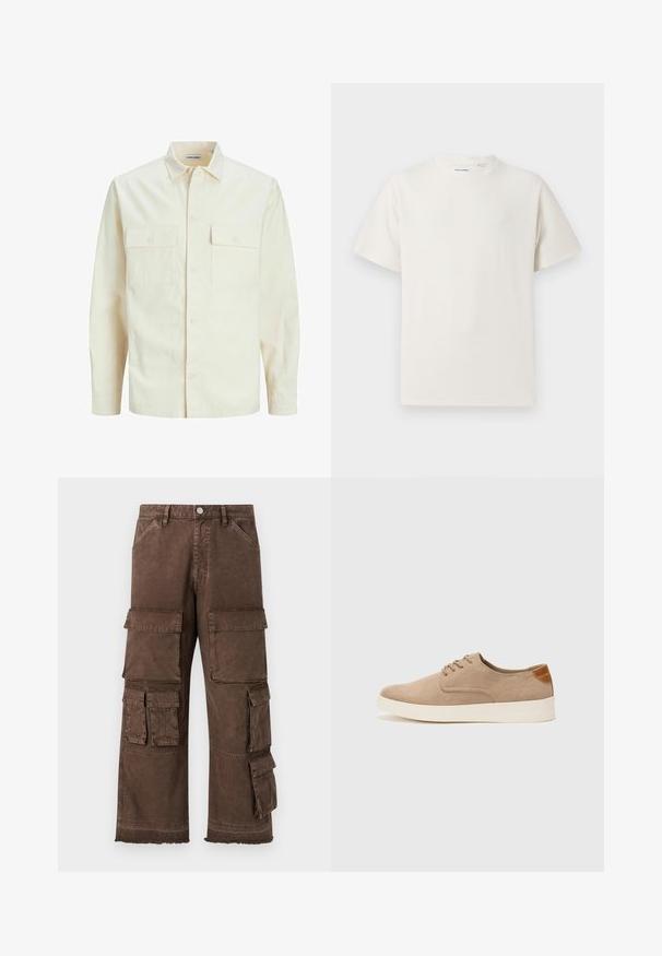 Vaaleanbeige pitkähihaisen paidan, jossa on kaulukset, kaksi etutaskua, nappikiinnitys ja tekstiilissä on tekstuuria.; Valkoinen lyhythihainen T-paita ribbikuviossa. Pyöreä kaula-aukko, rento istuvuus, ei näkyviä kuvioita tai yksityiskohtia. Yksinkertainen ja monikäyttöinen muotoilu.; Ruskeat cargo-housut, joissa on väljä istuvuus, useita sivutaskuja ja repaleinen helma. Valmistettu kestävästä, tekstuuripintaista kankaasta.; Beige nubuck-lenkkarit, joissa on pyöreä kärki, nauhakiinnitys ja teksturoitu takaosa. Valkoinen kumipohja tuo kontrastia. Yksinkertainen ja moderni muotoilu.