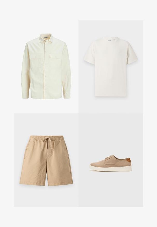 Svetlo béžová košeľa s dlhým rukávom, s golierom, dvoma prednými vreckami, zapínaním na gombíky a textúrovanou látkou.; Biela krátka tričko s krátkym rukávom so žebrovanou textúrou. Okrúhly výstrih, uvoľnený strih, žiadne viditeľné vzory ani akcenty. Jednoduchý a všestranný dizajn.; Béžové bavlnené kraťasy s elastickým pásom a nastaviteľnou šnúrkou, ktoré majú bočné vrecká a voľný strih. Hladká textura, dĺžka po kolená.; Béžové semišové tenisky s okrúhlou špičkou, šnurovaním vpredu a textúrovaným zadným akcentom. Biela gumová podrážka poskytuje kontrast. Jednoduchý a moderný dizajn.