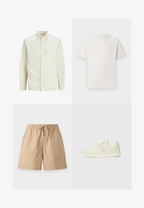 Gai bēšs garām piedurknēm krekls ar apkakles izgriezumu, divām priekšējām kabatām, pogu aizdari un teksturētu audumu.; Balta krūštura īsām piedurknēm ar ribota auduma faktūru. Apaļš kakla izgriezums, brīvs griezums, bez redzamām rakstām vai akcentiem. Vienkāršs un daudzpusīgs dizains.; Beige kokvilnas šorti ar elastīgu jostasvietu un regulējamu auklu, ar sānu kabatām un brīvu piegriezumu. Gluda tekstūra, līdz ceļgaliem.; Krēmbaltie sporta apavi ar perforētu detaļām, auklām un logotipu sānos, attēloti uz vienkārša baltā fona.