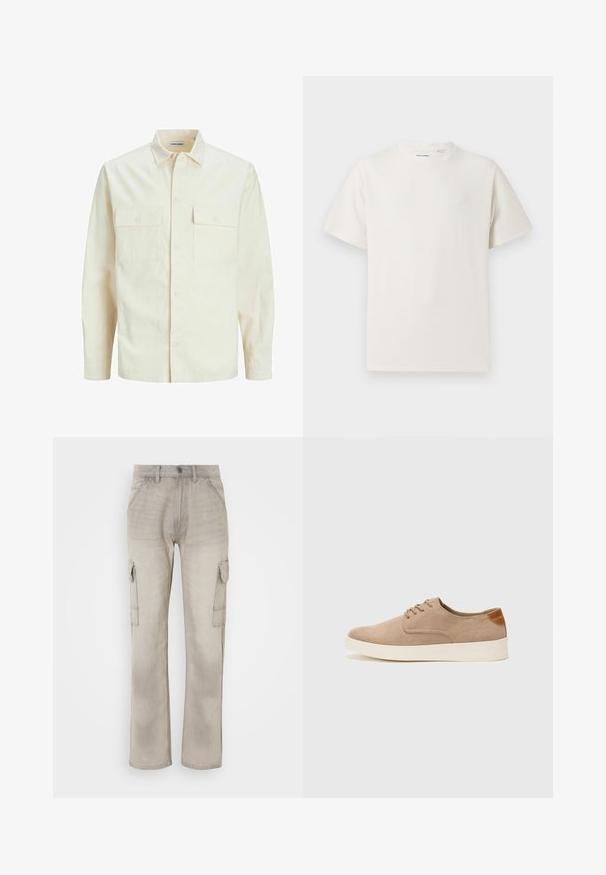 Svijetlo bež košulja dugih rukava s ovratnikom, dva prednja džepa, zatvaranje na dugmad i teksturirani materijal.; Bijela kratka majica s kratkim rukavima u rebrastoj teksturi. Okrugli izrez, ležeran kroj, bez vidljivih uzoraka ili akcenta. Jednostavan i svestran dizajn.; Bež kargo hlače od denima, s dva bočna džepa, ravnog kroja i vidljivim šavovima. Tekstura s izbledelim izgledom.; Bež nubuk tenisice s okruglim vrhom, vezanjem sprijeda i teksturiranim stražnjim naglaskom. Bijela gumena potpetica pruža kontrast. Jednostavan i moderan dizajn.