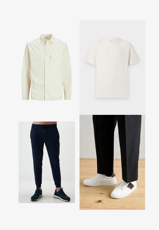 Hellbeige Langarmhemd mit klassischem Kragen, zwei Fronttaschen, Knopfverschluss und strukturiertem Stoff.; Weißes T-Shirt mit kurzen Ärmeln in gerippter Textur. Runder Ausschnitt, lockere Passform, keine sichtbaren Muster oder Akzente. Einfaches und vielseitiges Design.; Marineblaue Jogginghosen aus weichem Stoff, mit einem elastischen Bund und Kordelzug, seitlichen Taschen und schmal zulaufenden Bündchen. Getragen mit Sportschuhen.; Weiße Sneakers mit glatter Textur, versehen mit braunen Lederakzenten und schwarzen Details, kombiniert mit schwarzen maßgeschneiderten Hosen. Hintergrund aus Holzboden.