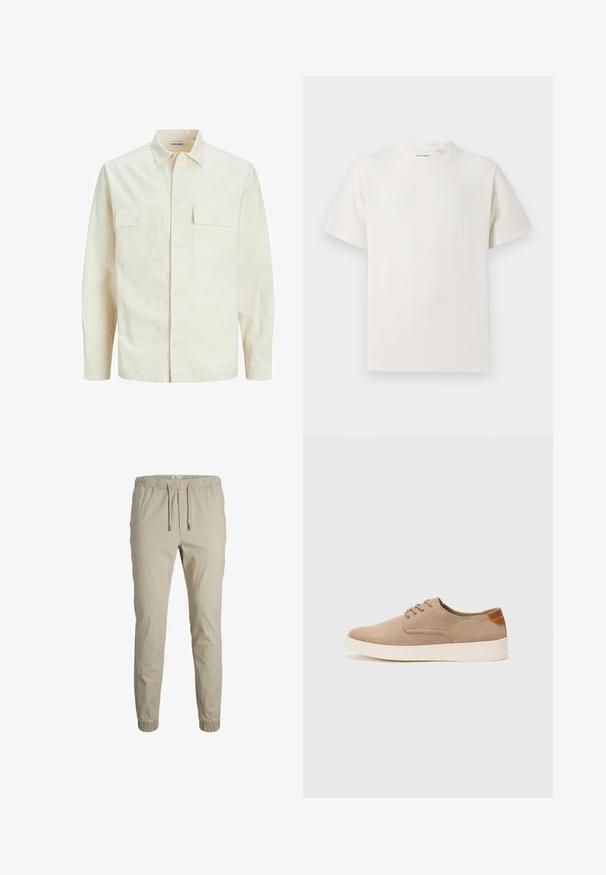 Svijetlo bež košulja dugih rukava s ovratnikom, dva prednja džepa, zatvaranje na dugmad i teksturirani materijal.; Bijela kratka majica s kratkim rukavima u rebrastoj teksturi. Okrugli izrez, ležeran kroj, bez vidljivih uzoraka ili akcenta. Jednostavan i svestran dizajn.; Bež joggerice suženog kroja s elastičnom waistbandom, vezicom i manžetama na gležnjevima, napravljene od mekanog materijala. Karakteriziraju ih glatka tekstura i minimalistički dizajn.; Bež nubuk tenisice s okruglim vrhom, vezanjem sprijeda i teksturiranim stražnjim naglaskom. Bijela gumena potpetica pruža kontrast. Jednostavan i moderan dizajn.