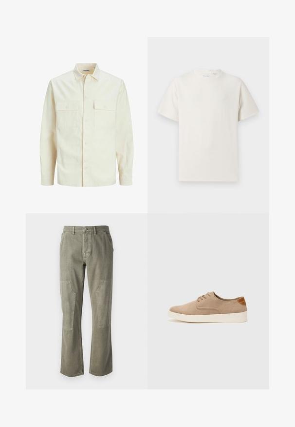 Cămașă lungă cu mâneci lungi de culoare bej deschis, cu guler, două buzunare frontale, închidere cu butoane și un material texturat.; Tricou alb cu maneci scurte, dintr-un material ribbed. Guler rotund, croi lejer, fără modele sau accente vizibile. Design simplu și versatil.; Pantaloni verde măsliniu din bumbac, cu un design dreapt, având accente ribbate la buzunarele aplicate și cusături contrastante.; Tenisi din suede bej cu vârf rotund, sistem de șireturi în față și un accent texturat în spate. Talpa albă din cauciuc oferă un contrast. Design simplu și modern.