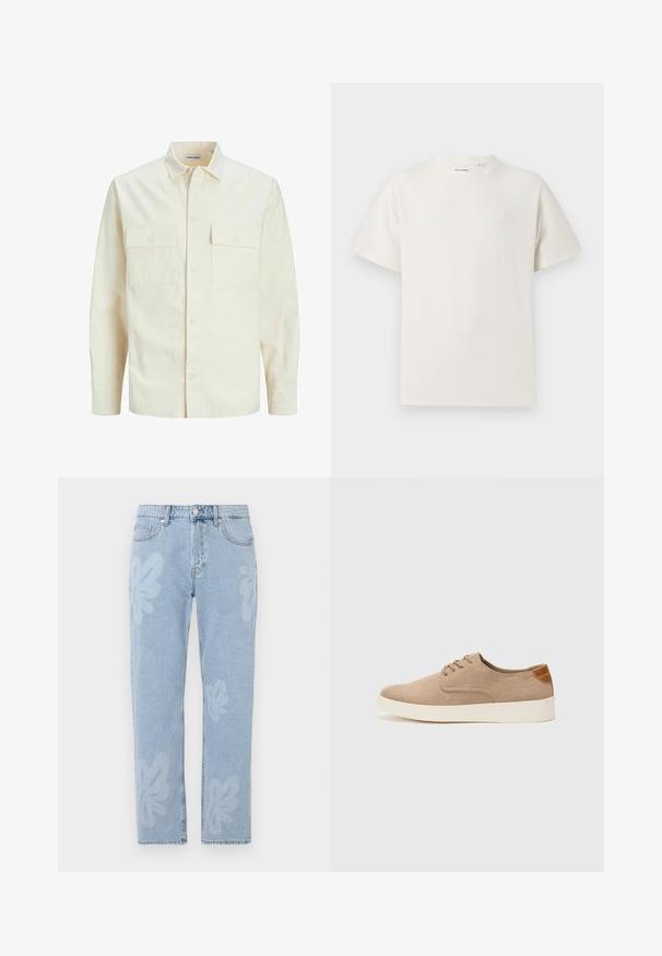 Jasno beżowa koszula z długim rękawem, z kołnierzykiem, dwoma kieszeniami z przodu, zapięciem na guziki i teksturowanym materiałem.; Biała krótka koszulka z krótkim rękawem o żebrowanej fakturze. Okrągły dekolt, luźny krój, brak widocznych wzorów lub akcentów. Prosty i uniwersalny design.; Jasnoniebieskie dżinsy z haftowanymi wzorami kwiatowymi oraz prostym krojem nogawki. Standardowy pas z zapięciem na guzik oraz pięcioma kieszeniami.; Beżowe zamszowe sneakersy z okrągłym noskiem, sznurowanym przodem i teksturowanym akcentem na tyle. Biała gumowa podeszwa tworzy kontrast. Prosty i nowoczesny design.