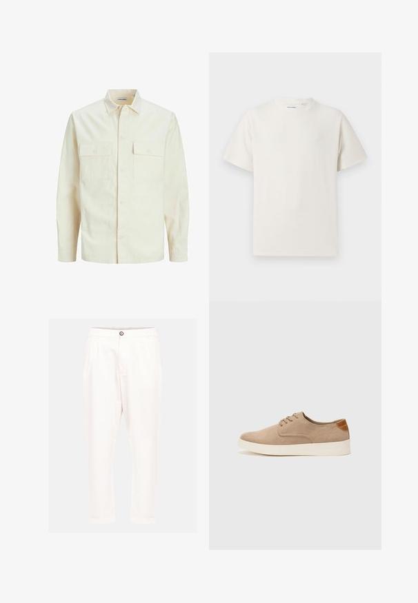 Lys beige langærmet skjorte med krave, to forlommer, knaplukning og et tekstureret stof.; Hvid kortærmet T-shirt i ribbet tekstur. Rund halsudskæring, løs pasform, ingen synlige mønstre eller accenter. Enkel og alsidig design.; Hvide bomuldsbukser med afslappet pasform, med en frontknaplukning, to sidelommer og opsmøgede ben. Glat tekstur og rene linjer.; Beige ruskinds sneakers med rund tå, snørebånd foran og en struktureret rygdetalje. Hvid gummisål giver kontrast. Enkel og moderne design.