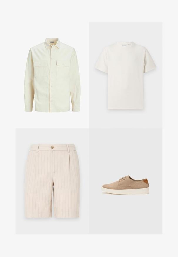 Gai bēšs garām piedurknēm krekls ar apkakles izgriezumu, divām priekšējām kabatām, pogu aizdari un teksturētu audumu.; Balta krūštura īsām piedurknēm ar ribota auduma faktūru. Apaļš kakla izgriezums, brīvs griezums, bez redzamām rakstām vai akcentiem. Vienkāršs un daudzpusīgs dizains.; Beige šorti, kas izgatavoti no vieglas auduma, ar pinstrīpu rakstu, priekšējo pogu aizdari un sānu kabatām.; Beige zamšādas kedas ar noapaļotu purngala daļu, auklēm saplacinātu priekšpusi un teksturētu aizmugures akcentu. Balta gumijas zole nodrošina kontrastu. Vienkāršs un mūsdienīgs dizains.