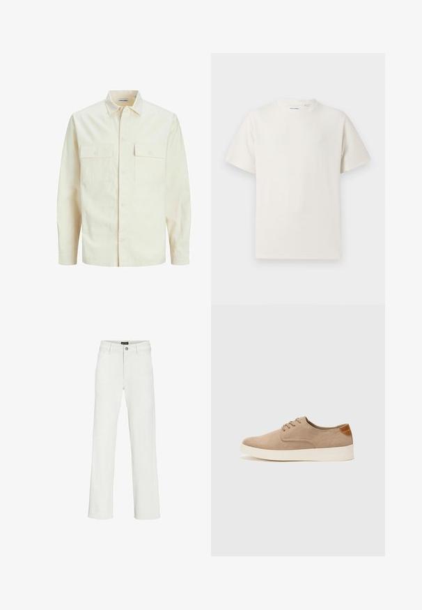 Hellbeige Langarmhemd mit klassischem Kragen, zwei Fronttaschen, Knopfverschluss und strukturiertem Stoff.; Weißes T-Shirt mit kurzen Ärmeln in gerippter Textur. Runder Ausschnitt, lockere Passform, keine sichtbaren Muster oder Akzente. Einfaches und vielseitiges Design.; Weiße weit geschnittene Hose aus Baumwollmischgewebe, mit einem Knopfverschluss vorne, Gürtelschlaufen und zwei Seitentaschen.; Beige Wildleder-Sneaker mit runder Zehenpartie, Schnürung und strukturiertem Rückenteil. Die weiße Gummisohle sorgt für einen Kontrast. Einfaches und modernes Design.