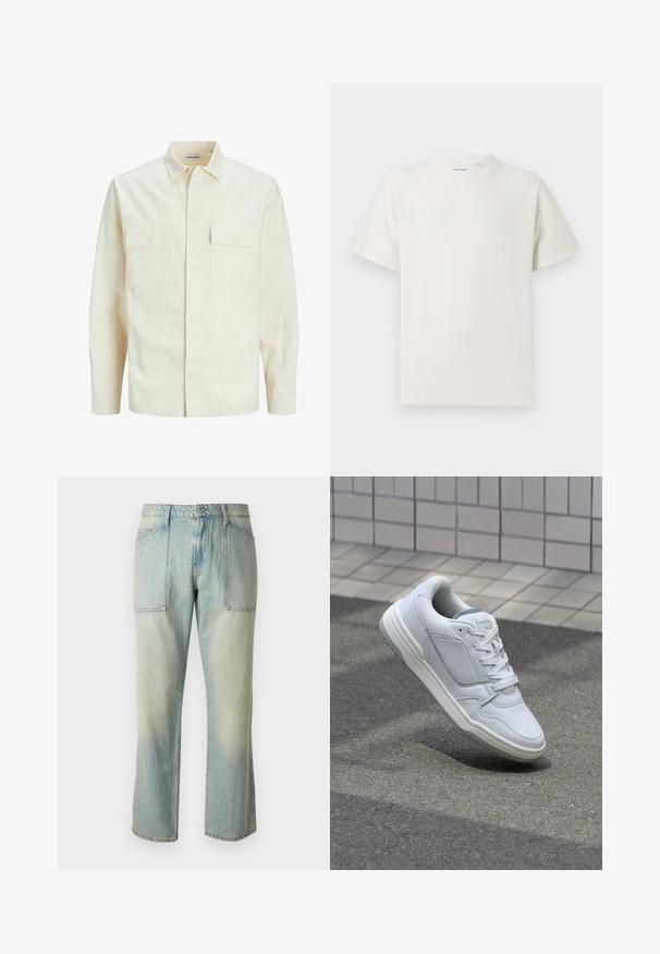 Šviesiai smėlio spalvos ilgomis rankovėmis marškiniai su apykakle, dviem priekinėmis kišenėmis, mygtukų uždarymu ir tekstūruota medžiaga.; Balta trumpa rankovė T-polo marškinėlių su juostelėmis tekstūra. Apvalus iškirpimas, laisvas fasonas, jokių matomų raštų ar akcentų. Paprastas ir universalus dizainas.; Šviesiai mėlyni džinsai su tiesia kojų kirpimu, matomomis siūlėmis ir dviem didelėmis priekinėmis kišenėmis. Audinys turi pablukusį tekstūrą.; Baltos odinės sportinės bateliai su perforuotais šonais, tekstūruotais akcentais, plokščiomis raištelėmis ir kontrastingu pilku kulnu. Yra šiek tiek pakelti padas.