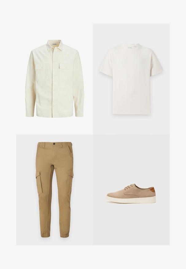 Light beige long-sleeve shirt with a collared neckline, two front pockets, button closure, and a textured fabric.; White short-sleeve T-shirt in a ribbed texture. Round neckline, relaxed fit, no visible patterns or accents. Simple and versatile design.; Cargo pants in tan fabric with a tapered fit, featuring two side pockets, two cargo pockets, and elastic cuffs at the ankles.; Beige suede sneakers with a rounded toe, lace-up front, and a textured back accent. White rubber sole provides contrast. Simple and modern design.