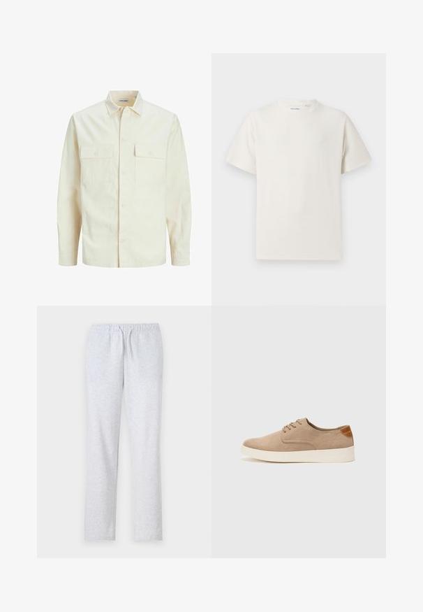 Svetlo béžová košeľa s dlhým rukávom, s golierom, dvoma prednými vreckami, zapínaním na gombíky a textúrovanou látkou.; Biela krátka tričko s krátkym rukávom so žebrovanou textúrou. Okrúhly výstrih, uvoľnený strih, žiadne viditeľné vzory ani akcenty. Jednoduchý a všestranný dizajn.; Sivé tepláky vyrobené z mäkkého materiálu, s elastickým pásom na sťahovanie, rovnými nohavicami a hladkou textúrou.; Béžové semišové tenisky s okrúhlou špičkou, šnurovaním vpredu a textúrovaným zadným akcentom. Biela gumová podrážka poskytuje kontrast. Jednoduchý a moderný dizajn.