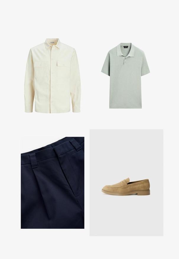 Light beige long-sleeve shirt with a collared neckline, two front pockets, button closure, and a textured fabric.; Polo shirt in light green, short sleeves, soft textured fabric, collar with three buttons, minimalistic design, no visible patterns.; Navy pleated trousers with a smooth, textured fabric. Features a flat waistband and belt loops, designed for comfort and fit.; Tan suede loafers with a rounded toe, low block heel, and stitched detailing on the upper. Smooth texture and minimalistic design.