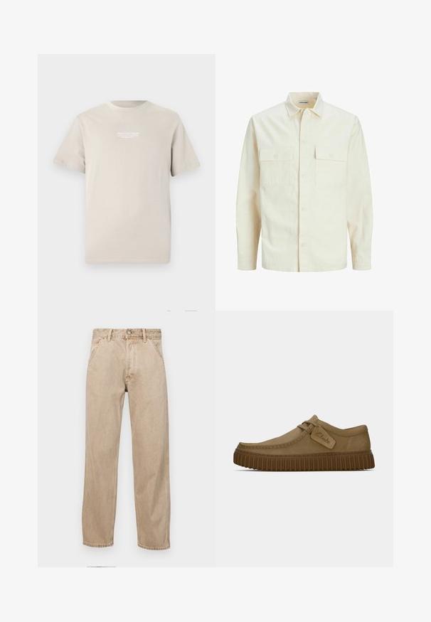 Lys beige langærmet skjorte med krave, to forlommer, knaplukning og et tekstureret stof.; Beige bomulds t-shirt med korte ærmer, rund halsudskæring og et lille hvidt trykt logo på den øverste bryst.; Beige denimjeans med lige bendesign, med forlommer, metalknaplukning og subtil struktur.; Lysebrune ruskindsko med rund tå, syet detaljer og en ribbet brun gummisål. Har et sidemærke med "Clarks" logo.