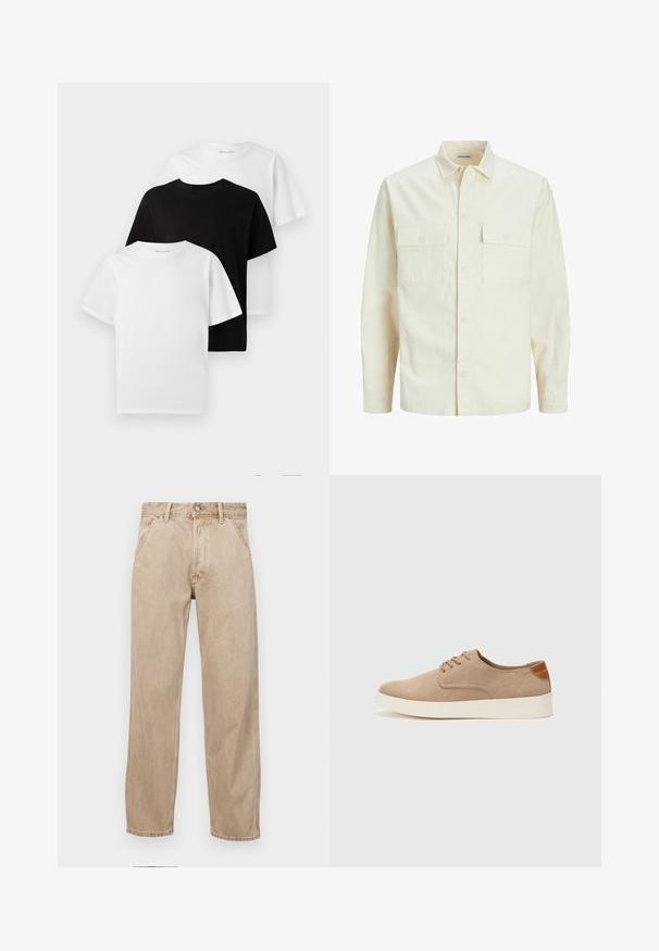 Cămașă lungă cu mâneci lungi de culoare bej deschis, cu guler, două buzunare frontale, închidere cu butoane și un material texturat.; Trei tricouri cu guler rotund: unul negru și două albe. Mâneci scurte, croi clasic, fabricate din bumbac cu o textură fină.; Jeans din denim bej cu un design drept, care prezintă buzunare frontale, închidere cu buton metalic și o textură subtilă.; Tenisi din suede bej cu vârf rotund, sistem de șireturi în față și un accent texturat în spate. Talpa albă din cauciuc oferă un contrast. Design simplu și modern.