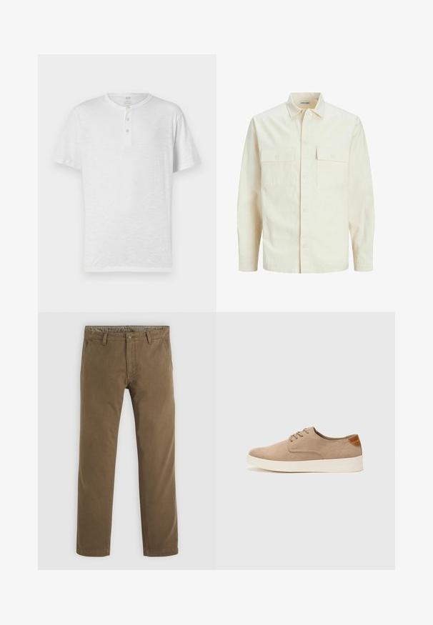 Šviesiai smėlio spalvos ilgomis rankovėmis marškiniai su apykakle, dviem priekinėmis kišenėmis, mygtukų uždarymu ir tekstūruota medžiaga.; Balta trumpa tunika su trumpomis rankovėmis, su trimis sagomis, pagaminta iš lengvos, šiek tiek tekstūruotos medžiagos. Apvalus kaklo iškirpimas, laisvas siluetas.; Chaki spalvos medvilninės kelnės su tiesiu sijonu, turinčios knopkę, dvi priekines kišenes ir lygią tekstūrą.; Bežiniai zomšiniai sportbačiai su apvaliomis pirštų dalimis, raišteliais priekyje ir tekstūruotu užkulniu. Balta guma suteikia kontrastą. Paprastas ir modernus dizainas.