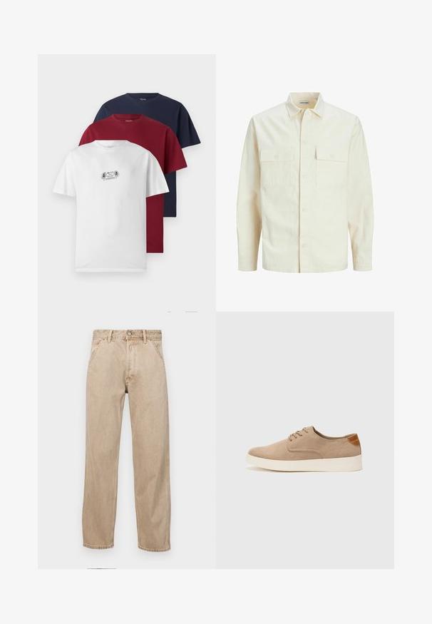 Kergedbež pika-särk pikkade varrukatega, krae ja kahe eespool asuva taskuga, nööpidega kinnitamine ja reljeefne materjal.; Kolm lühikese varrukaga T-särki valge, burgundia ja tumesinise värviga. Igal särgil on ümar kaelus ja pehme puuvillane kangas, valgel särgil on väike graafika.; Bežidemini teksased sirgjoonise kujundusega, front pocket'itega, metallist nööbi kinnitusega ja peene tekstuuriga.; Beežid nahast tossud ümarate varvastega, paeltega esiosa ja tekstuuriga tagakontuuriga. Valge kummist tallapakkumine loob kontrasti. Lihtne ja kaasaegne disain.