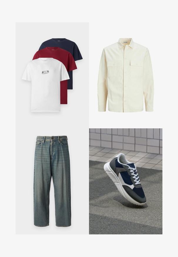 Světle béžová košile s dlouhým rukávem, límečkem, dvěma předními kapsami, zapínáním na knoflíky a strukturovanou tkaninou.; Tři trička s krátkým rukávem v bílé, burgundské a námořnické barvě. Každé má kulatý výstřih a měkkou bavlněnou látku, přičemž bílé tričko zobrazuje malou grafiku.; Světle modré denimové džíny s volným střihem, středně vysokým pasem a rovnými nohavicemi. Obsahují pět kapes, poutka na opasek a zapínání na knoflík.; Tenisky s horní částí z námornicky modré síťoviny, šedými semišovými akcenty, bílou gumovou podrážkou a plochými bílými tkaničkami, navržené pro pohodlí a prodyšnost.