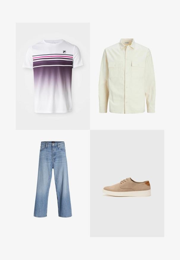 Camisa de manga larga color beige claro con cuello, dos bolsillos frontales, cierre de botones y una tela texturizada.; Camiseta blanca de manga corta con rayas horizontales moradas y rosas, efecto degradado de morado oscuro a blanco, logo F en la parte superior izquierda.; Jeans de mezclilla de color azul claro, de pierna ancha y cintura alta, con cierre de botones, diseño de cinco bolsillos y un ligero desvanecimiento. Con los dobladillos limpios.; Zapatillas de ante beige con puntera redondeada, cordones en la parte delantera y un acento texturizado en la parte trasera. La suela de goma blanca proporciona contraste. Diseño sencillo y moderno.
