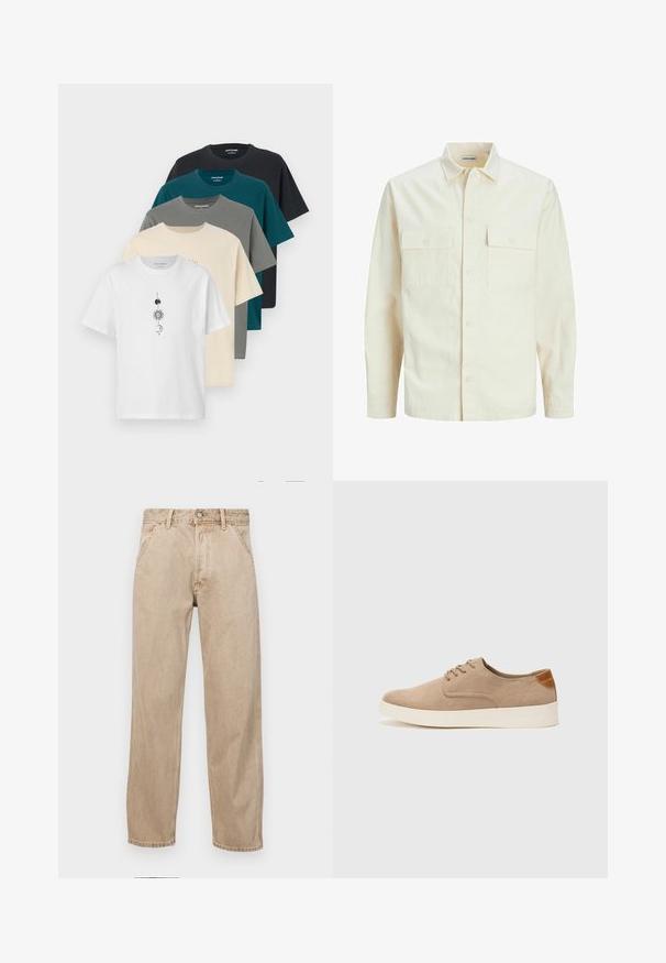 Vaaleanbeige pitkähihaisen paidan, jossa on kaulukset, kaksi etutaskua, nappikiinnitys ja tekstiilissä on tekstuuria.; Kuus t-paitaa puuvillakankaasta. Värit: valkoinen, beige, harmaa, teal ja musta. Valkoisessa paidassa on graafinen kuvio.; Beige farkkuhousut suoranlahkeisella muotoilulla, joissa on etutaskut, metallinen nappisulku ja hillitty rakenne.; Beige nubuck-lenkkarit, joissa on pyöreä kärki, nauhakiinnitys ja teksturoitu takaosa. Valkoinen kumipohja tuo kontrastia. Yksinkertainen ja moderni muotoilu.