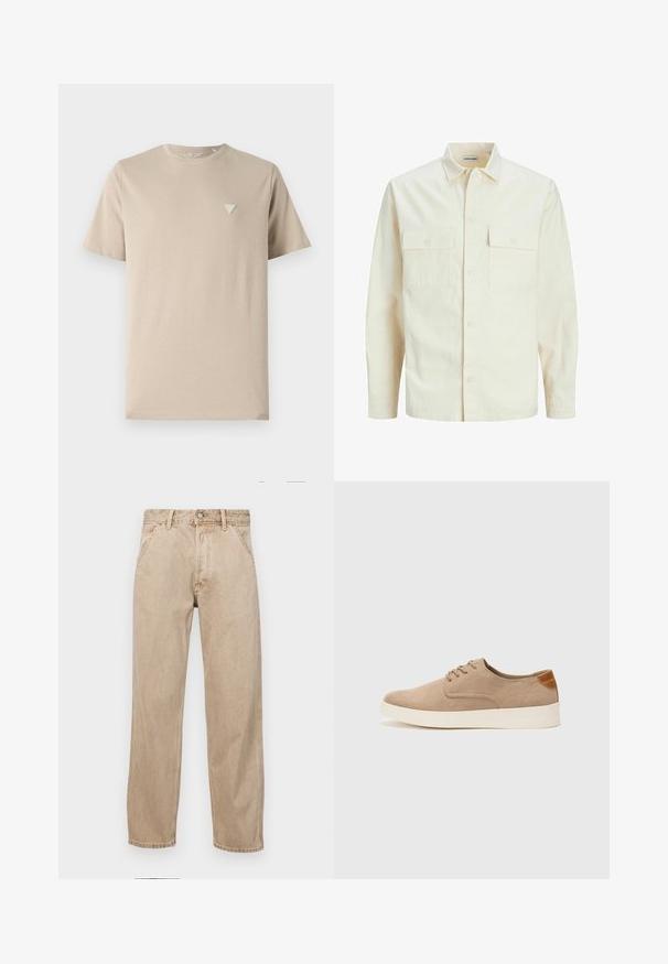 Camicia beige chiaro a maniche lunghe con colletto, due tasche frontali, chiusura a bottoni e un tessuto texturizzato.; T-shirt di cotone beige con maniche corte, scollatura rotonda e un piccolo logo triangolare ricamato sul petto sinistro. Texture liscia.; Jeans in denim beige con un design a gamba dritta, dotati di tasche frontali, chiusura con bottone metallico e una texture delicata.; Sneaker in suede beige con punta arrotondata, stringhe davanti e un accento testurizzato sul retro. La suola in gomma bianca offre un contrasto. Design semplice e moderno.