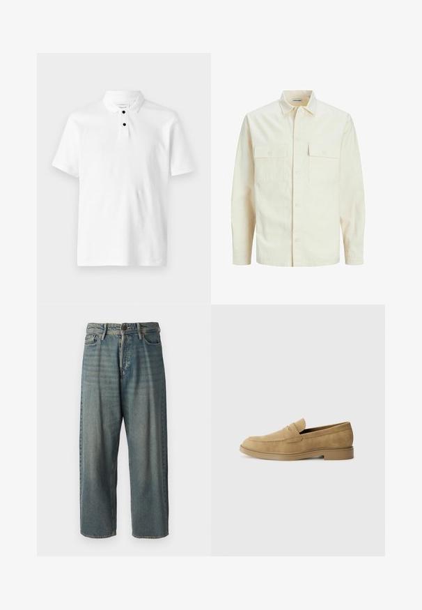 Világos bézs színű, hosszú ujjú ing, galléros nyakkal, két elülső zsebbel, gombos záródással és struktúrált anyaggal.; Fehér póló, texturált anyagból, rövid ujjú, hajtott gallérral és három fekete gombbal a nyakvonalnál.; Világoskék farmernadrág, laza fazonnal, közepes derékbőséggel és egyenes szárral. Öt zsebet, övbucskát és gombos záródást tartalmaz.; Barna suede loafer cipők lekerekített orral, alacsony blokksarkú, és varrott részletezéssel a felső részen. Simító textúra és minimalista kialakítás.