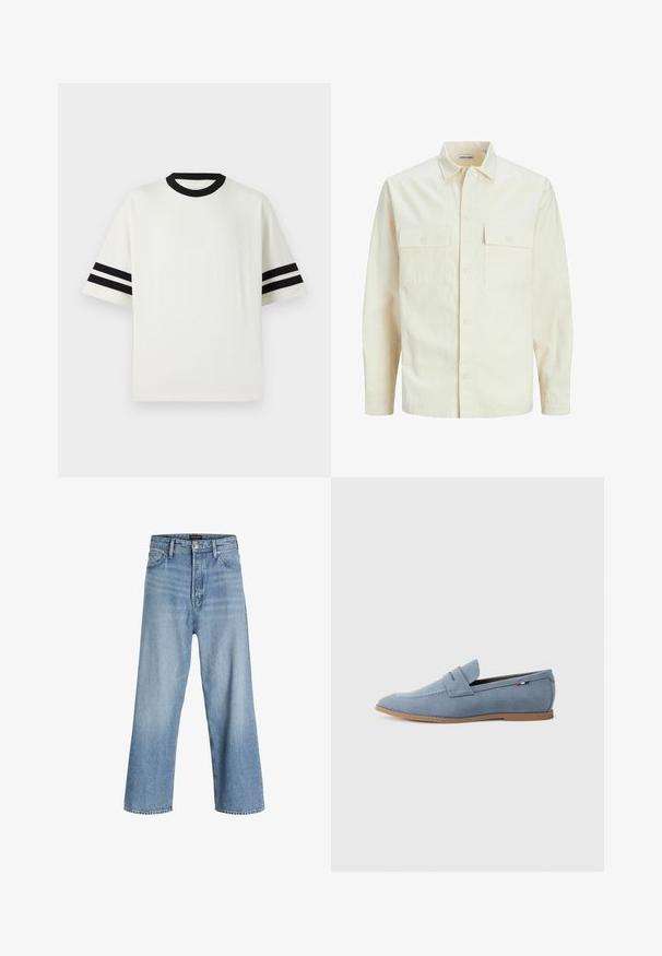 Svetlo béžová košeľa s dlhým rukávom, s golierom, dvoma prednými vreckami, zapínaním na gombíky a textúrovanou látkou.; Biela športová tričko s čiernym rebrovaným okrúhlym výstrihom a krátkymi rukávmi, na každom rukáve sú dve čierne pruhy. Hladká textúra, voľný strih.; Svetlomodré široké džínsy vyrobené z denimu, s vysokým pásom, klasickým päťvreckovým dizajnom a zapínaním na gombík s predným zipsom.; Svetlomodré semišové mokasíny s hladkou textúrou, dekoračným prešívaním a hnedou gumovou podrážkou. Obsahujú dizajn s penny výrezom na hornej časti.