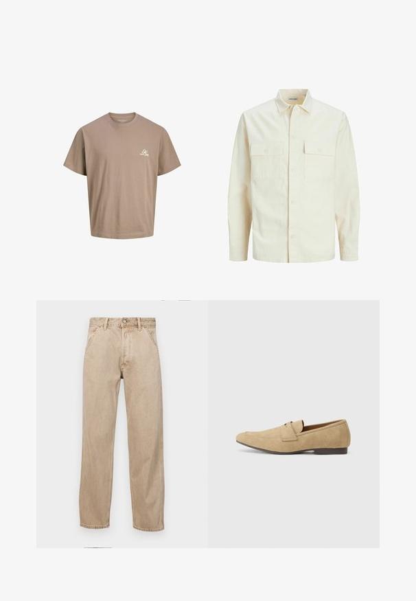 Svijetlo bež košulja dugih rukava s ovratnikom, dva prednja džepa, zatvaranje na dugmad i teksturirani materijal.; Smeđa pamučna majica s kratkim rukavima, okruglim izrezom i malim bijelim logom na prsima. Glatka tekstura i opušteni kroj.; Bež teksas traperice ravnog kroja, s prednjim džepovima, metalnim zakopčavanjem i suptilnom teksturom.; Bež zamšaste loafers s blagim sjajem, s zaobljenim vrhom, slip-on dizajnom i niskim smešnim potplatom smeđe boje. Suptilna detaljna šavova.