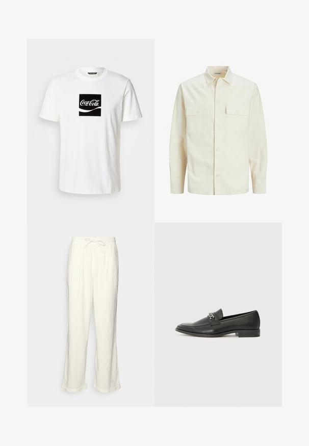 Hellbeige Langarmhemd mit klassischem Kragen, zwei Fronttaschen, Knopfverschluss und strukturiertem Stoff.; Weißes Baumwoll-T-Shirt mit einem schwarzen quadratischen Grafikdesign, das das Coca-Cola-Logo und ein Wellenmuster in Weiß zeigt, mit kurzen Ärmeln und einem runden Ausschnitt.; Leinenhose in Off-White mit einem Bund zum Kordelziehen, leicht weitem Bein und umgeschlagenen Säumen für eine entspannte Passform. Keine Taschen.; Schwarzer Lederloafer mit glatter Oberfläche, ausgestattet mit einer gesteppten Gestaltung und einem dekorativen Metallkettendetail über dem Vorderblatt. Flacher Absatz.