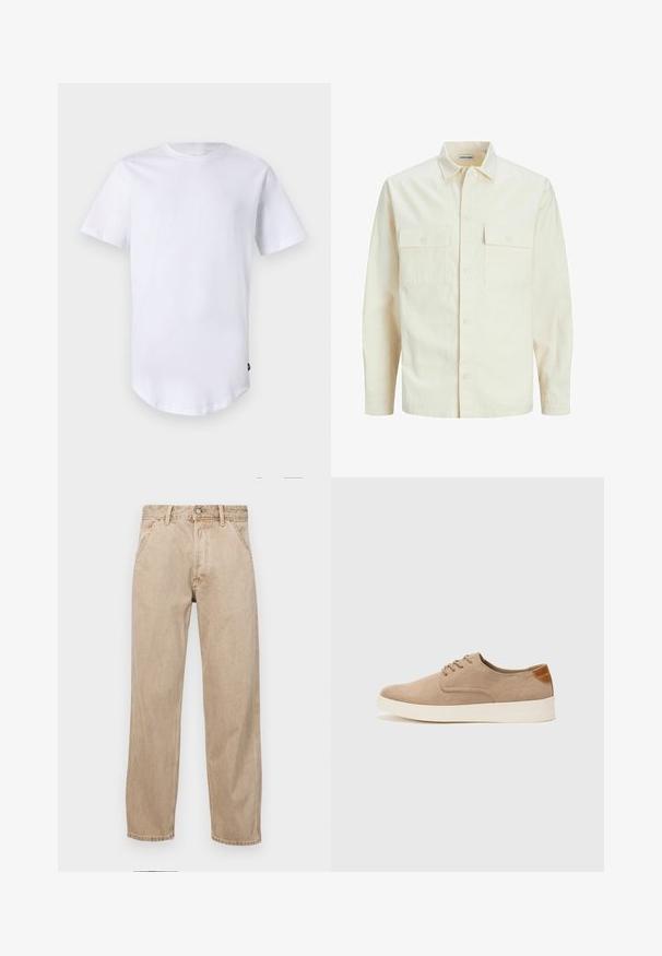 Chemise longue à manches longues beige clair avec un col, deux poches frontales, fermeture à boutons et un tissu texturé.; T-shirt blanc à manches courtes en coton. Design à col rond avec un ourlet arrondi. Étiquette visible sur le côté inférieur gauche. Texture lisse.; Jeans en denim beige avec une coupe droite, dotés de poches avant, d'une fermeture à bouton en métal et d'une texture subtile.; Baskets en daim beige avec un embout arrondi, un laçage sur le devant et un accent texturé à l'arrière. La semelle en caoutchouc blanche offre un contraste. Design simple et moderne.
