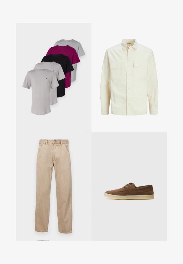Gai bēšs garām piedurknēm krekls ar apkakles izgriezumu, divām priekšējām kabatām, pogu aizdari un teksturētu audumu.; Jack & Jones PREMIUM JPRBRODY TEE CREW 5 PACK - Pamata T-krekls - ash/black/alloy/magnetapurple; Beige džinsi ar taisnu kāju dizainu, ar priekšējiem kabatām, metāla pogu aizdari un smalku faktūru.; Brūni zamša apavi ar zemu profilu, auklētu dizainu, gumijas zoli un kontrastējošiem šuvumiem. Vienkāršs un funkcionāls stils.