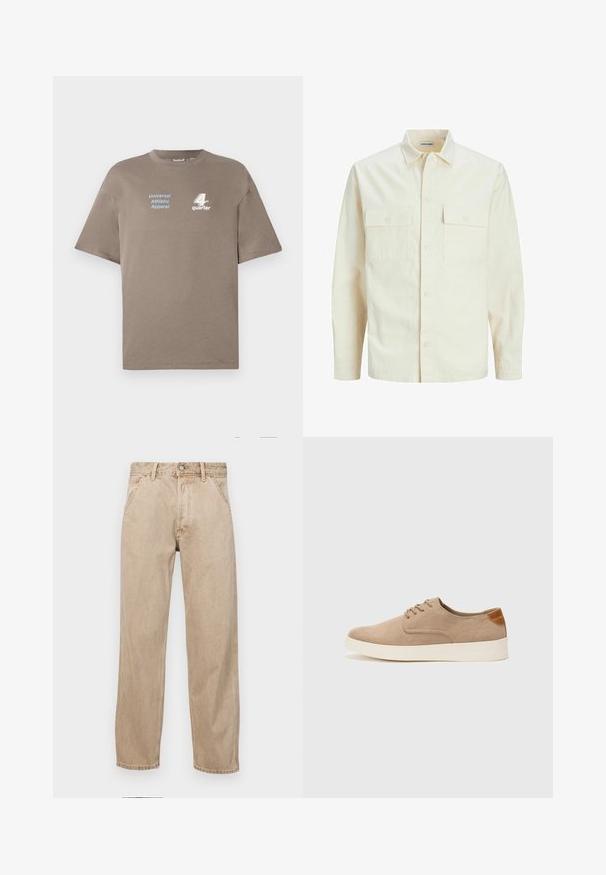 Kergedbež pika-särk pikkade varrukatega, krae ja kahe eespool asuva taskuga, nööpidega kinnitamine ja reljeefne materjal.; Pruun puuvillane T-särk ümmarguse kaelusega. Ees on sinine tekst "Universal Athletic Apparel" ja valge "4th quarter" logo. Lühikesed varrukad.; Bežidemini teksased sirgjoonise kujundusega, front pocket'itega, metallist nööbi kinnitusega ja peene tekstuuriga.; Beežid nahast tossud ümarate varvastega, paeltega esiosa ja tekstuuriga tagakontuuriga. Valge kummist tallapakkumine loob kontrasti. Lihtne ja kaasaegne disain.