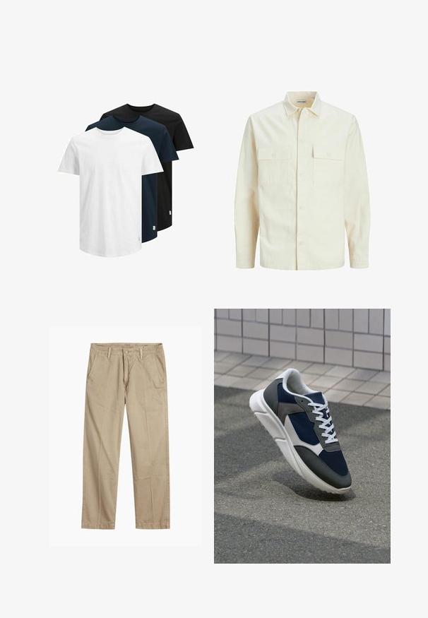 Light beige long-sleeve shirt with a collared neckline, two front pockets, button closure, and a textured fabric.; Three short-sleeve T-shirts in white, dark navy, and black. Made from cotton, featuring a crew neck and straight hem. Simple design, no patterns.; Beige straight-leg chinos with belt loops, front button and zipper closure, and slant front pockets.; Sneaker featuring a navy blue mesh upper, gray suede accents, white rubber sole, and flat white laces, designed for comfort and breathability.