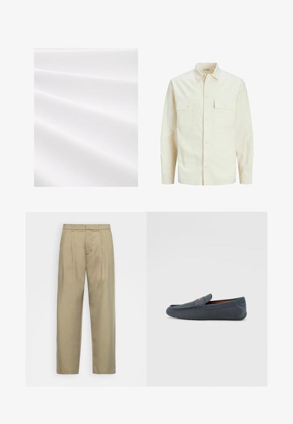 Camicia beige chiaro a maniche lunghe con colletto, due tasche frontali, chiusura a bottoni e un tessuto texturizzato.; Tessuto bianco con una superficie texturizzata e rigata, che mostra morbide pieghe e una leggera lucentezza. Finitura liscia senza motivi o accenti visibili.; Pantaloni beige a vita alta con taglio dritto, dotati di una parte frontale liscia, tasche laterali e un tessuto morbido e testurizzato.; Mocassini grigi perforati con design slip-on, caratterizzati da un accento arancione, punta arrotondata e suola in gomma testurizzata.