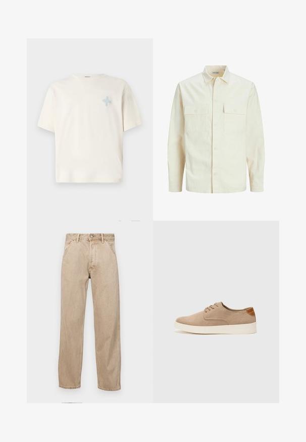 Vaaleanbeige pitkähihaisen paidan, jossa on kaulukset, kaksi etutaskua, nappikiinnitys ja tekstiilissä on tekstuuria.; Kerman lyhythihainen t-paita, joka on valmistettu puuvillasta. Vasemmassa rinnassa on vaaleansininen brodeerauskuvio. Klassinen pyöreä kaula-aukko, rento malli.; Beige farkkuhousut suoranlahkeisella muotoilulla, joissa on etutaskut, metallinen nappisulku ja hillitty rakenne.; Beige nubuck-lenkkarit, joissa on pyöreä kärki, nauhakiinnitys ja teksturoitu takaosa. Valkoinen kumipohja tuo kontrastia. Yksinkertainen ja moderni muotoilu.