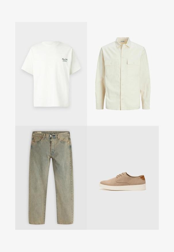 Vaaleanbeige pitkähihaisen paidan, jossa on kaulukset, kaksi etutaskua, nappikiinnitys ja tekstiilissä on tekstuuria.; Valkoinen puuvillapaita lyhyillä hihoilla, pyöreällä kauluksella ja vihreällä tekstityksellä vasemmalla puolella, jossa on brändin ja sijainnin tiedot.; Vaaleat suorat farkut, joissa on etunappi, viisi taskua, vyölenkit ja kupariset niitit.; Beige nubuck-lenkkarit, joissa on pyöreä kärki, nauhakiinnitys ja teksturoitu takaosa. Valkoinen kumipohja tuo kontrastia. Yksinkertainen ja moderni muotoilu.