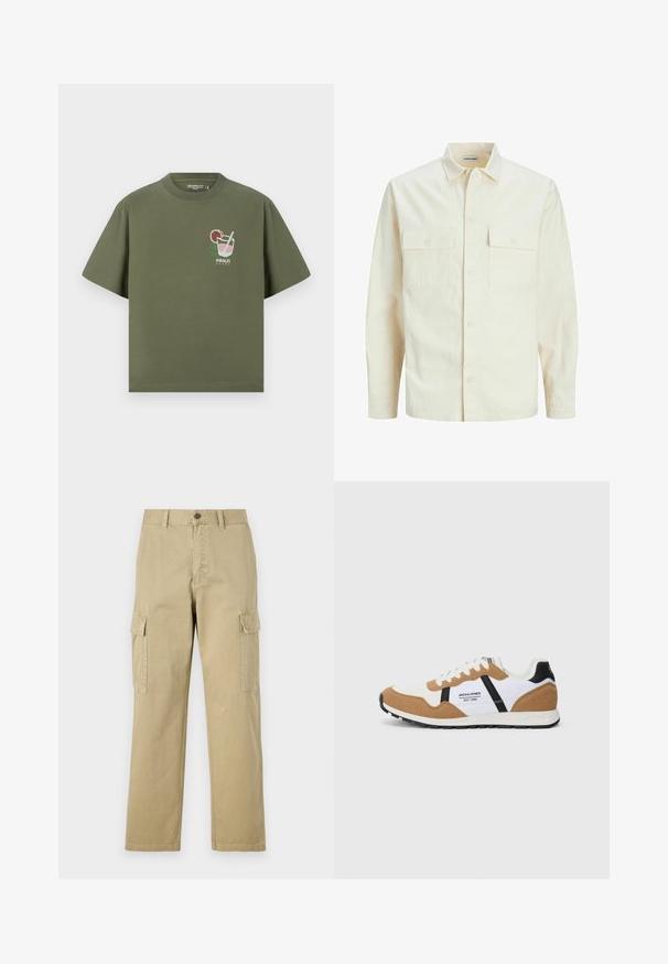 Svetlo béžová košeľa s dlhým rukávom, s golierom, dvoma prednými vreckami, zapínaním na gombíky a textúrovanou látkou.; Olivovo zelené bavlnené tričko s krátkymi rukávmi, s potlačou poháru na koktail a bielym textom "AMALFI COAST" pod ním.; Bežové cargo nohavice vyrobené z bavlny, s dvoma bočnými vreckami, zapínaním na gombík a rovným strihom s mierne textúrovanou tkaninou.; Retro štýlové tenisky s bielou, pieskovou zamšou, čiernymi akcentmi, bielymi šnúrkami a logom "Jack & Jones EST. 1990" na boku.